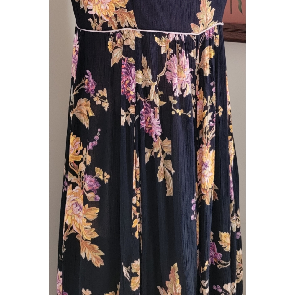 90s Black Floral Scoop Neck 1990s Vintage Flowy Feminine Rayon Gauze Maxi Dress - Picture 12 of 16